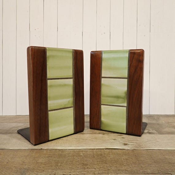 Vintage Marshall Studios Martz Wood and Tile Bookends Set of 2 Mid Century Modern with Square Green Tiles