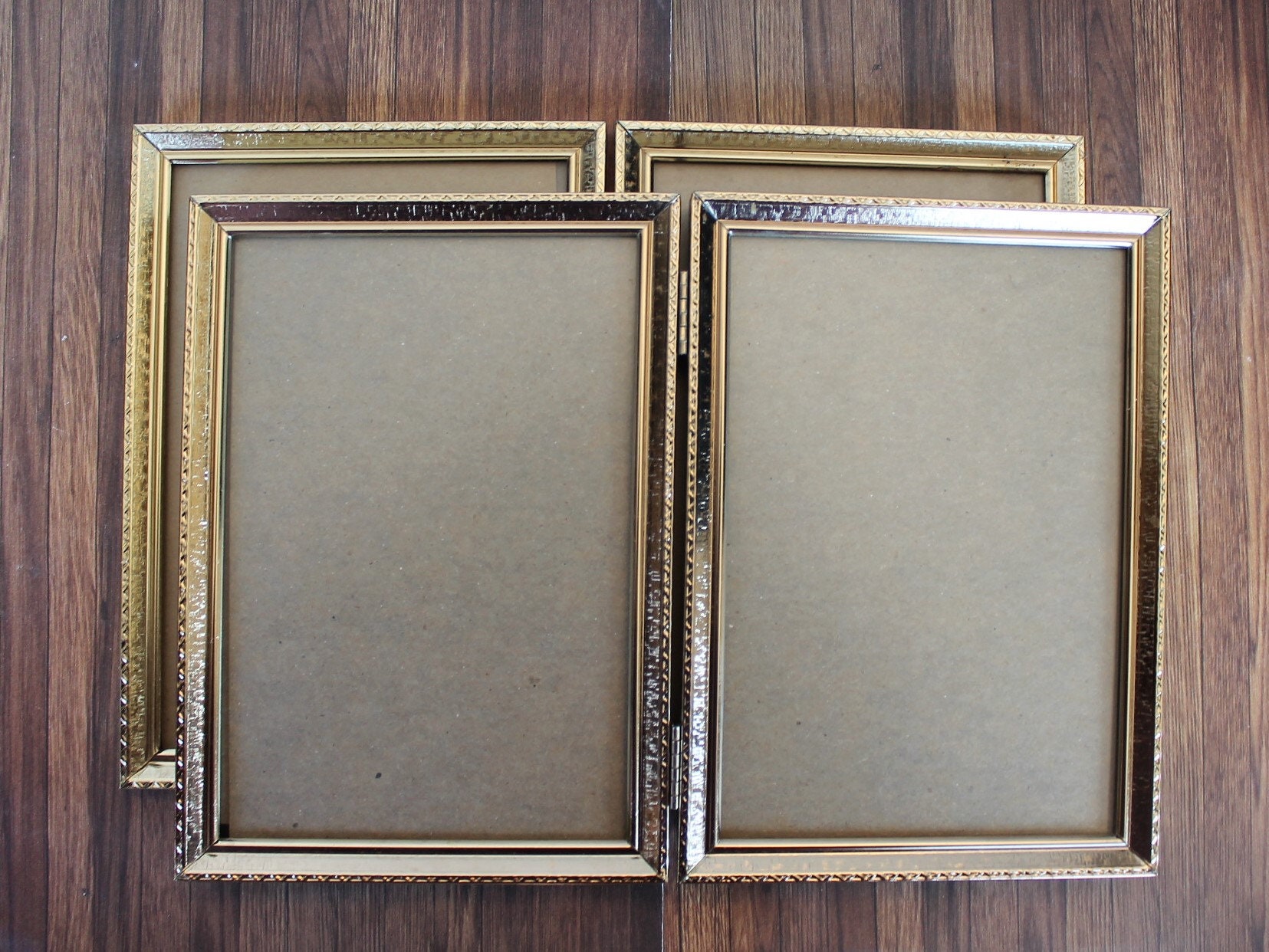 Vintage 5x7 Double Hinged BiFold Metal Gold Brass Photo Picture Frame