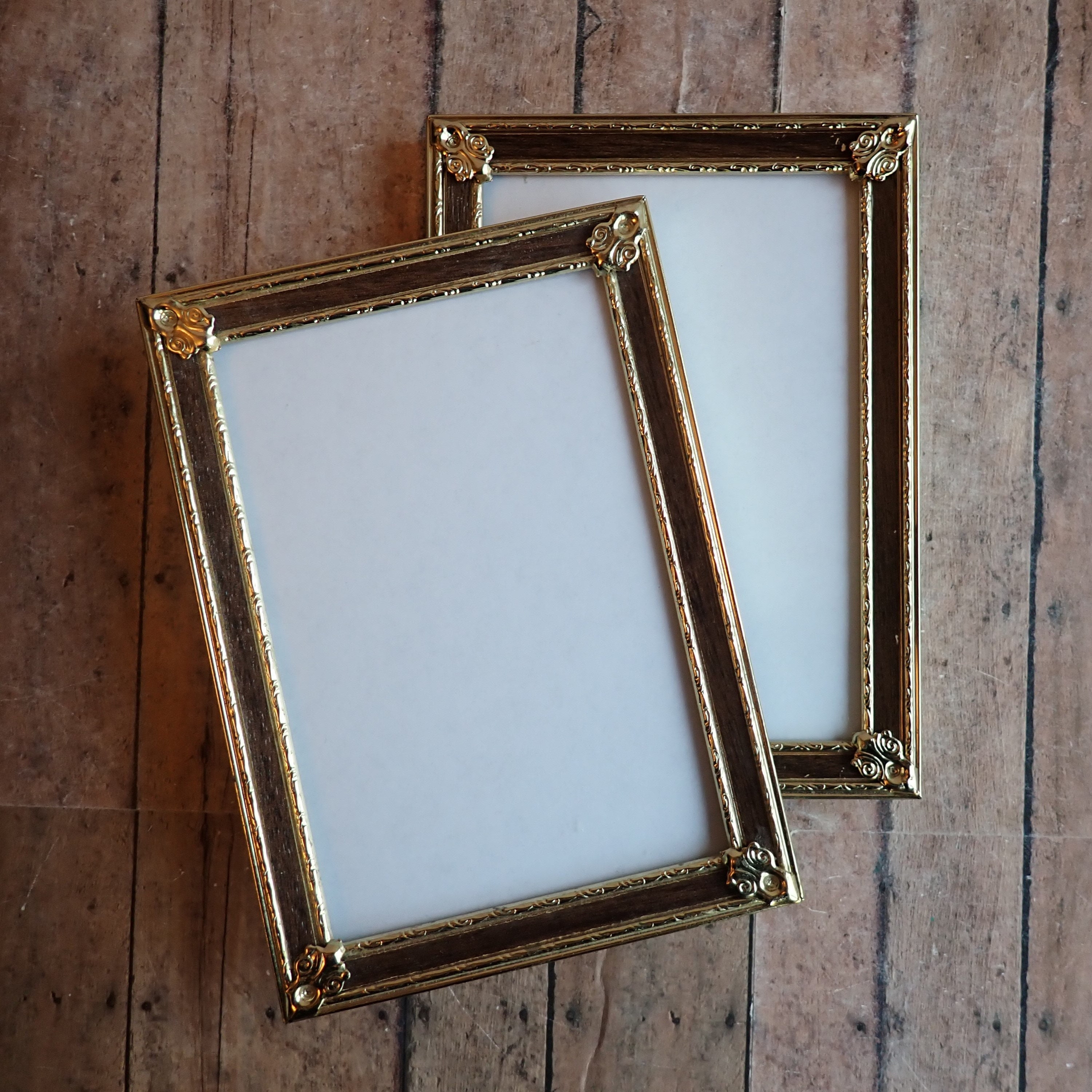 Vintage 4x6 Brass Photo Picture Frame with Faux Wood Inlay Set of 2