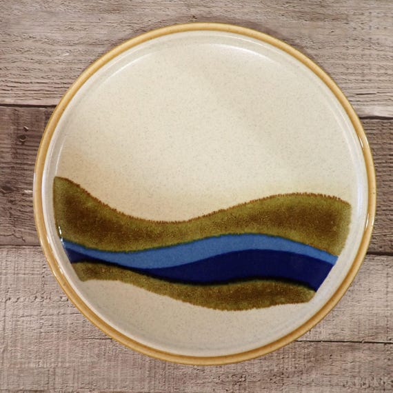Vintage Mikasa Stylekraft BLUE RIVER Salad Plate Set of 4 Plates Tan Stoneware with Blue and Green Wavy Design