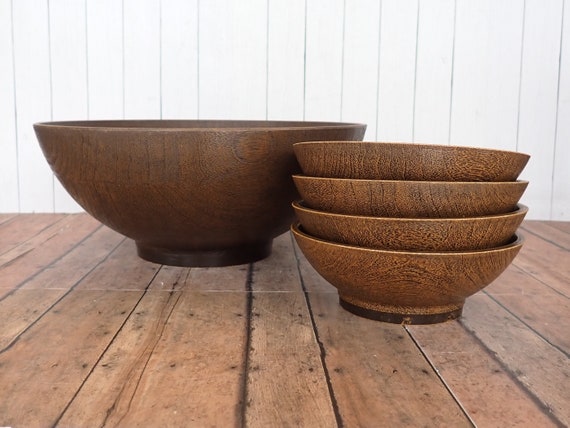 Vintage West Bend Faux Wood Plastic Serving Bowl and Set of 4 Snack Bowls Plastic Bowl Set Thermo Serve