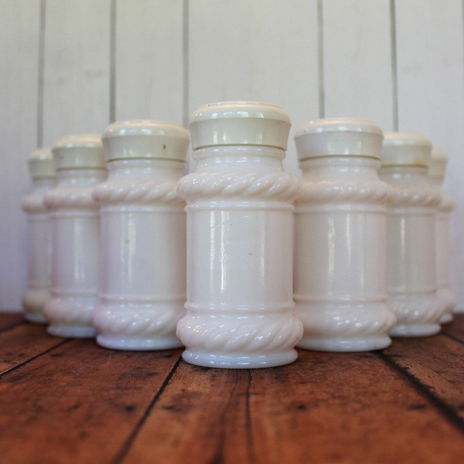Vintage Milk Glass Spice Jar Set of 8 White Glass Bottles