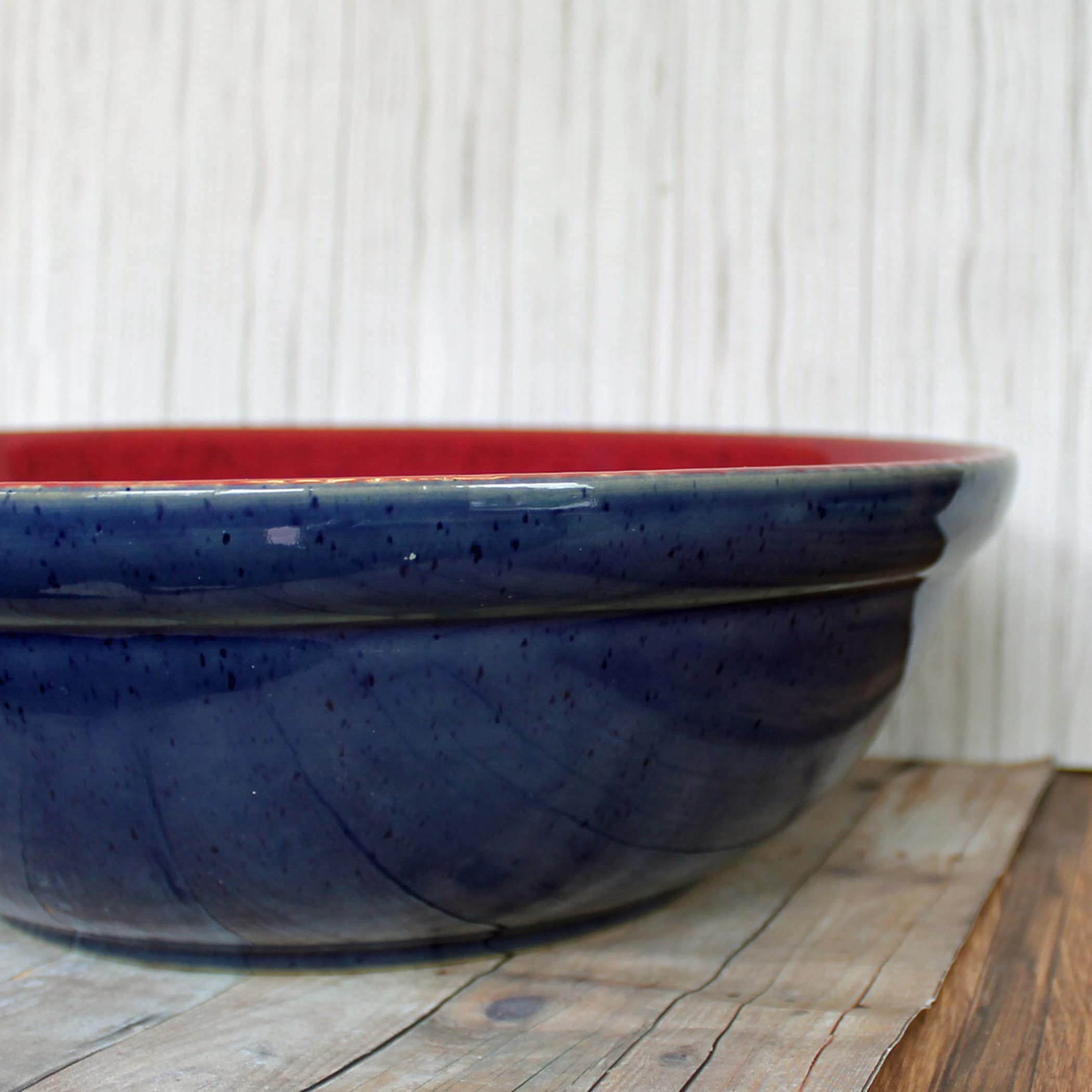 Vintage Denby HARLEQUIN 11 Round Pasta Serving Bowl Red Blue Ceramic