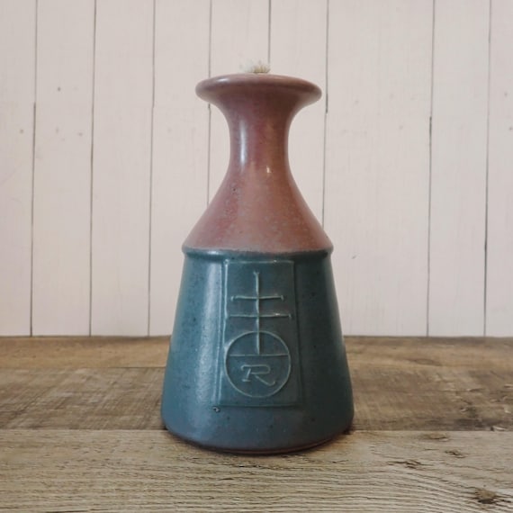 Vintage Roycroft Pottery Stoneware Oil Lamp Blue and Pink Bottle Shaped Lamp