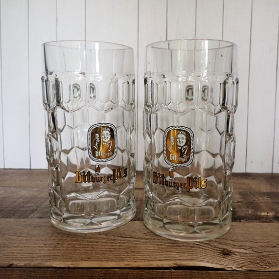 Vintage Bitburger German Beer Clear Glass Beer Stein Mug Set of 2 Large Glass Rastal Steins