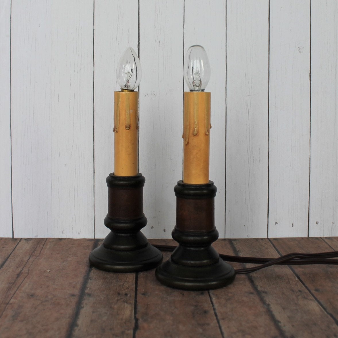 Vintage Electric Candlestick Lamp with Wooden Spool Base Americana Folk Art