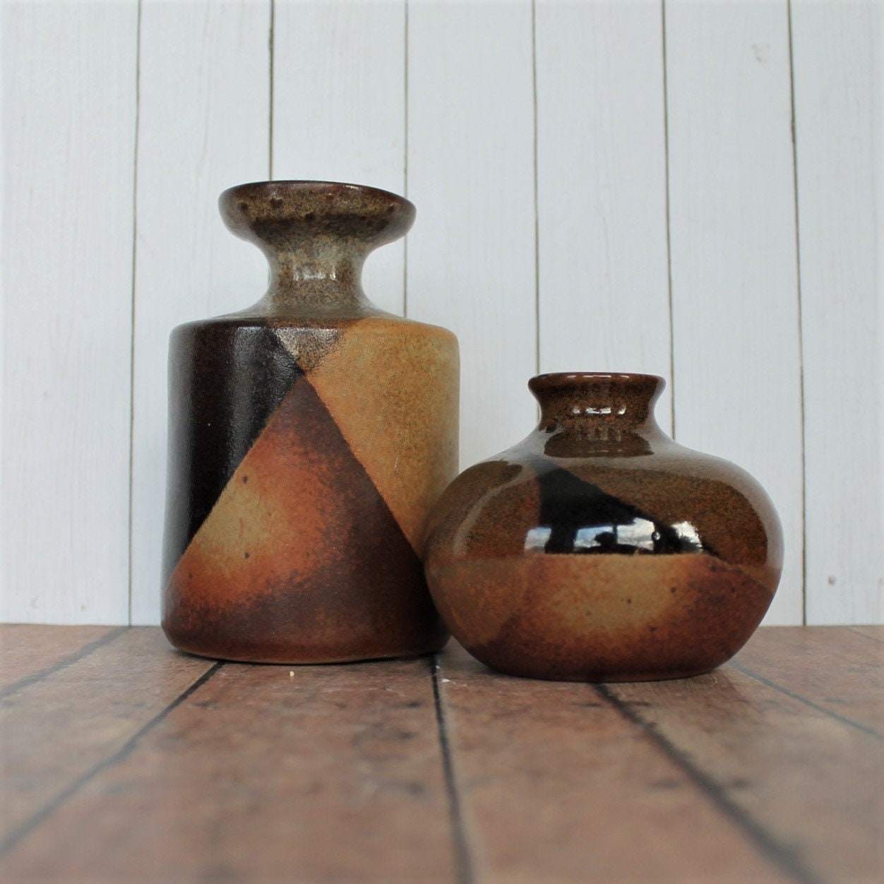 Vintage Pottery Craft USA Stoneware Vase Set of 2 Brown Gold Gray Black