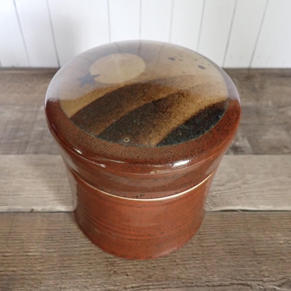 Vintage Brown Stoneware Pottery Canister Jar with Lid Landscape and Moon Stars Scene Pottery Artist Signed DH