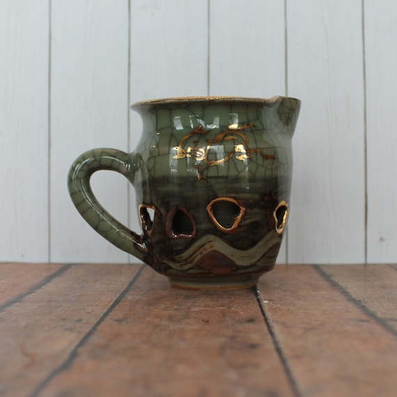 Vintage Otagiri SOMA WARE Creamer Green Crackle Finished Gold Horse Cut Out Hearts Somaware Somayaki