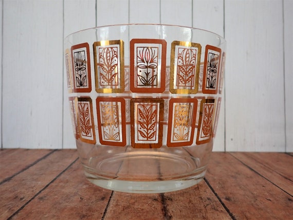 Vintage Hazel Atlas LOTUS Ice Bowl Bucket Clear Glass with Gold and Pink Leaf Design Mid Century Modern