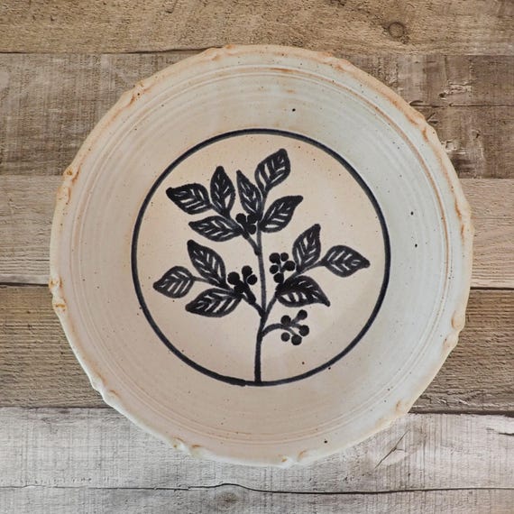 Vintage Stoneware Pottery Pie Plate Tan with Blue Flower Berries and Green Leaves Studio Pottery Artist Signed