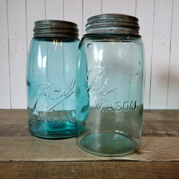 Vintage Blue Glass Ball Mason Jar Sloped Shoulder with Zinc Lid Set of 2 Antique Canning Jars