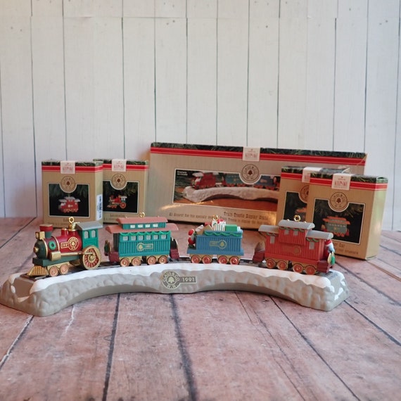 Vintage Hallmark Christmas Ornament Claus and Company Railroad Train Set of 4 Ornaments and Trestle Display