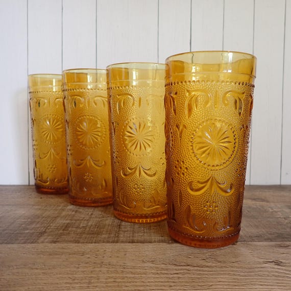 Vintage Brockway Glass AMERICAN CONCORD AMBER 5.5" Tumbler Set of 4 with Daisy Design Golden Yellow Floral Design Sandwich Glass