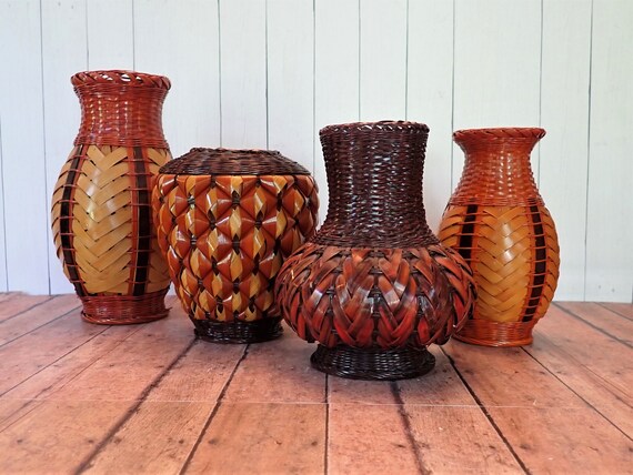 Vintage Wicker Vase Set of 4 Tan and Brown Woven Design with Plastic Insert Asian Inspired Boho Decor