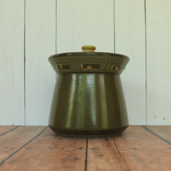 Vintage Kasuga Showa Sugar Bowl with Lid Green and Tan Beige Stoneware with Banded Rim Design Mid Century Modern