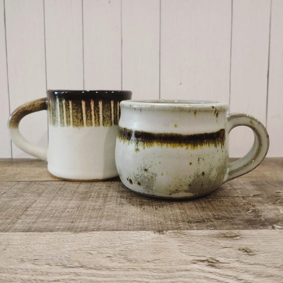 Vintage Stoneware Pottery Mug Coffee Cup Set of 2 Handmade Brown Beige Tan Rustic Mugs with Leaf Designs