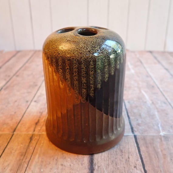 Vintage Pottery Craft USA Toothbrush Holder Brown Tan and Green Robert Maxwell Pottery