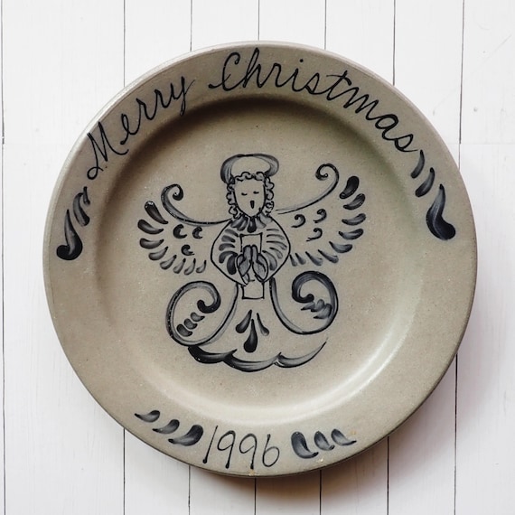 Vintage Rowe Pottery Works Stoneware Christmas 1996 Plate with Angel Gray Blue Salt Glazed Pottery