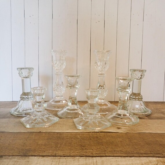 Vintage Clear Glass Candlestick Set of 8 Includes 4 Matched Pairs Wedding Shower Candlestick Arrangement Candle Holder