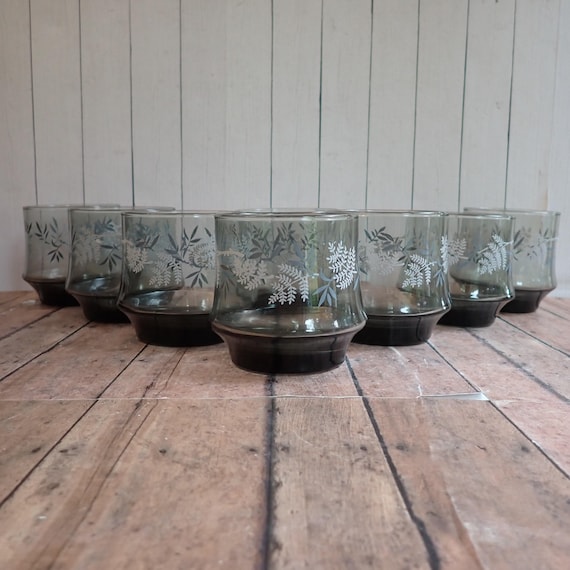 Vintage LIBBEY Impromptu Gray Smoke Old Fashioned Rocks Glasses Set of 8 with White Leaves Fern Design