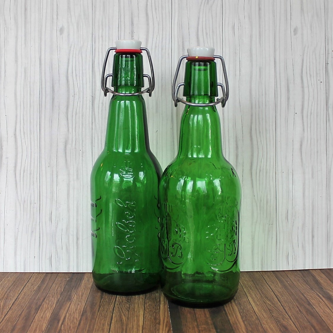 Vintage Grolsch Beer Bottle Set of 2 Green Glass Bottle with Cap and