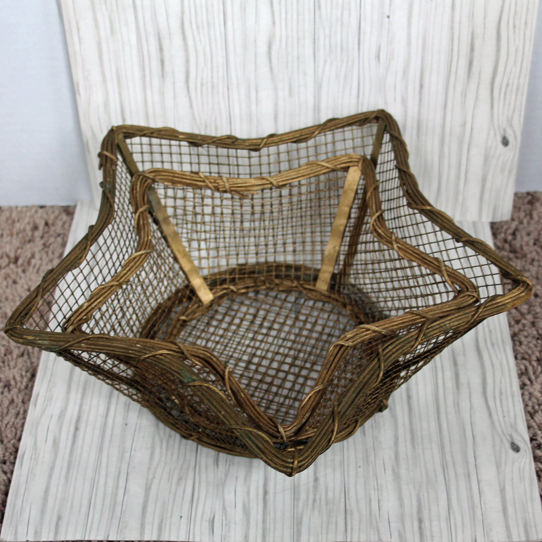Vintage Gold Star Shaped Metal and Wicker Baskets Set of 2