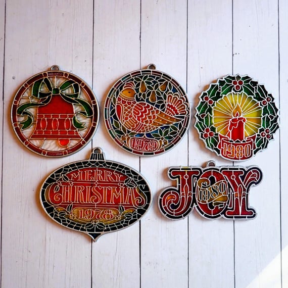 Vintage HALLMARK Christmas Ornaments Set of 5 Tiffany Classics Plastic Faux Stained Glass 1977 to  1980 Wreath Bell Partridge