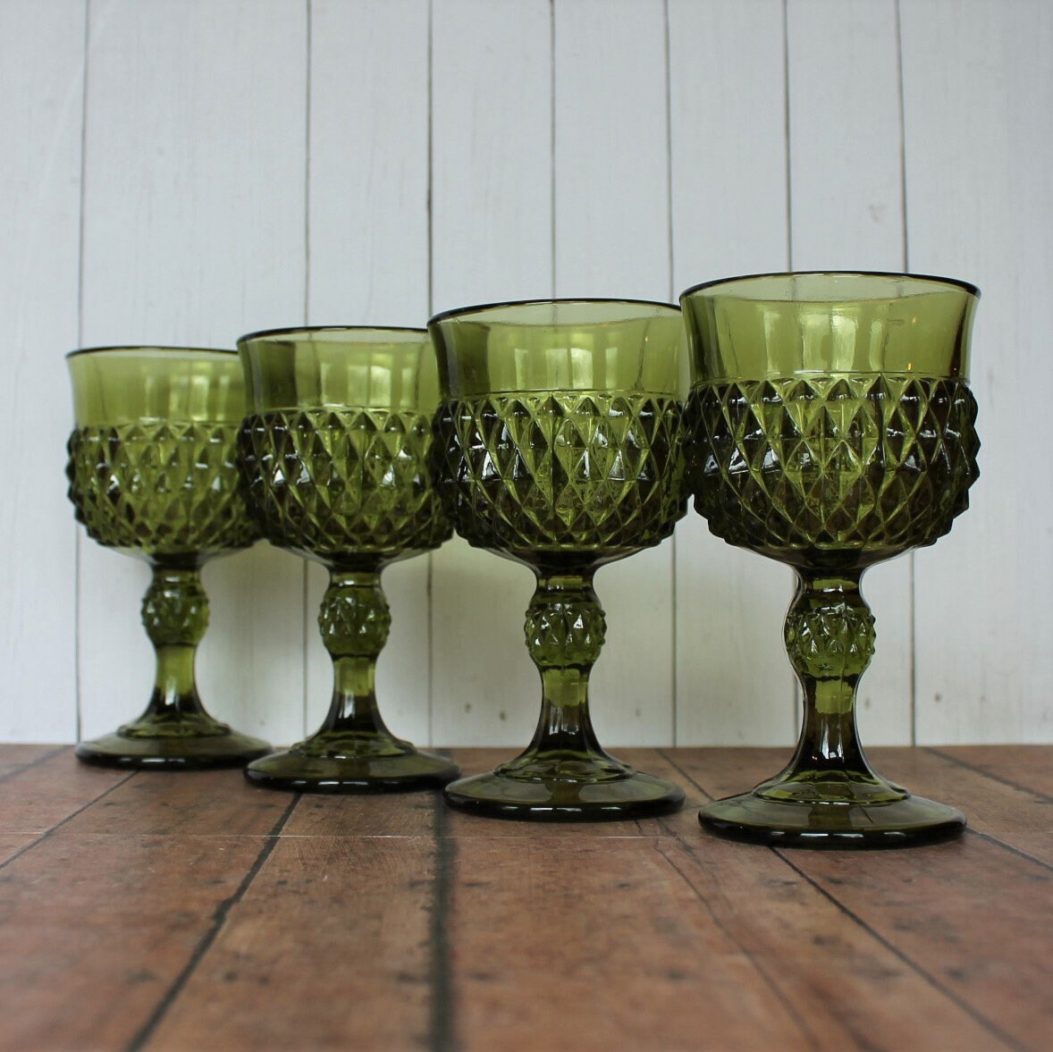 Vintage Indiana Glass DIAMOND POINT Avocado Green 5 Wine Glass Goblet ...