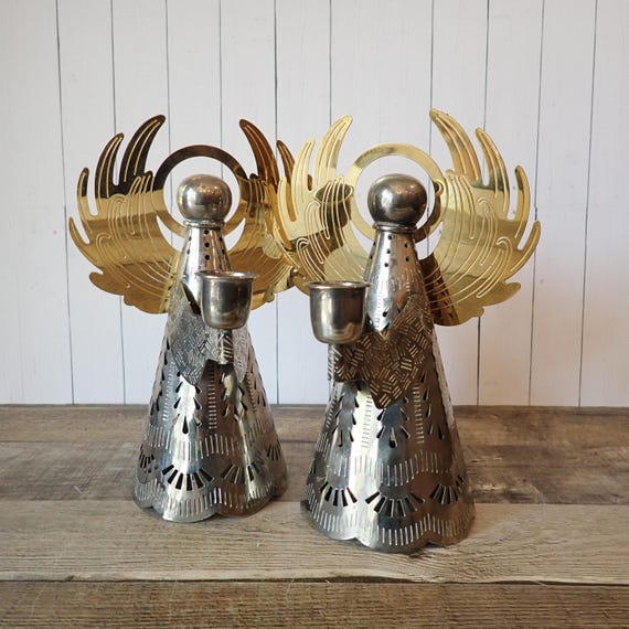 Vintage Brass and Silver Angel Taper Candle Holder Set of 2 Candlestick Holders Pair Christmas Cande Holder