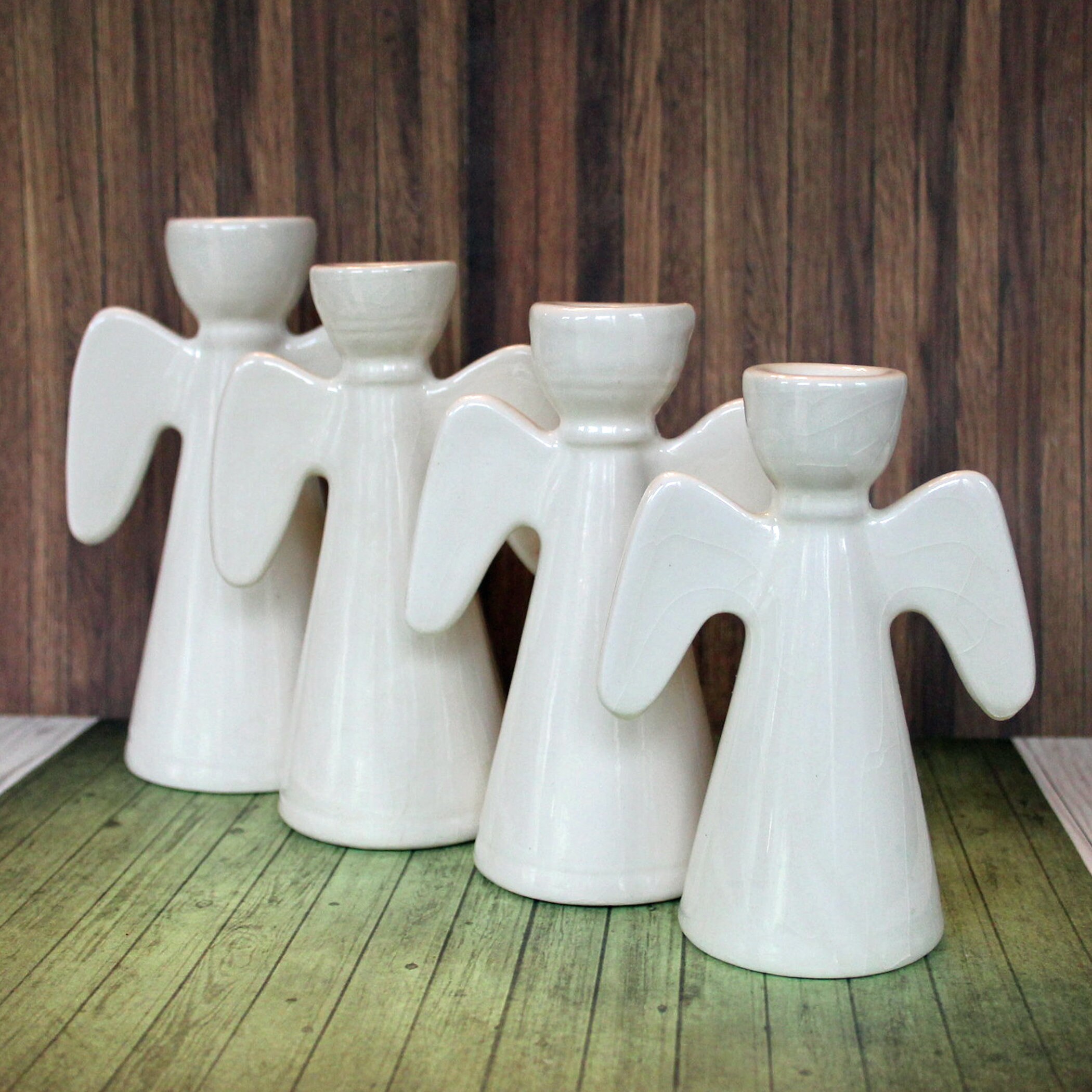 Vintage Ceramic White Angel Candle Holder Set of 4 Modern Sleek Taper