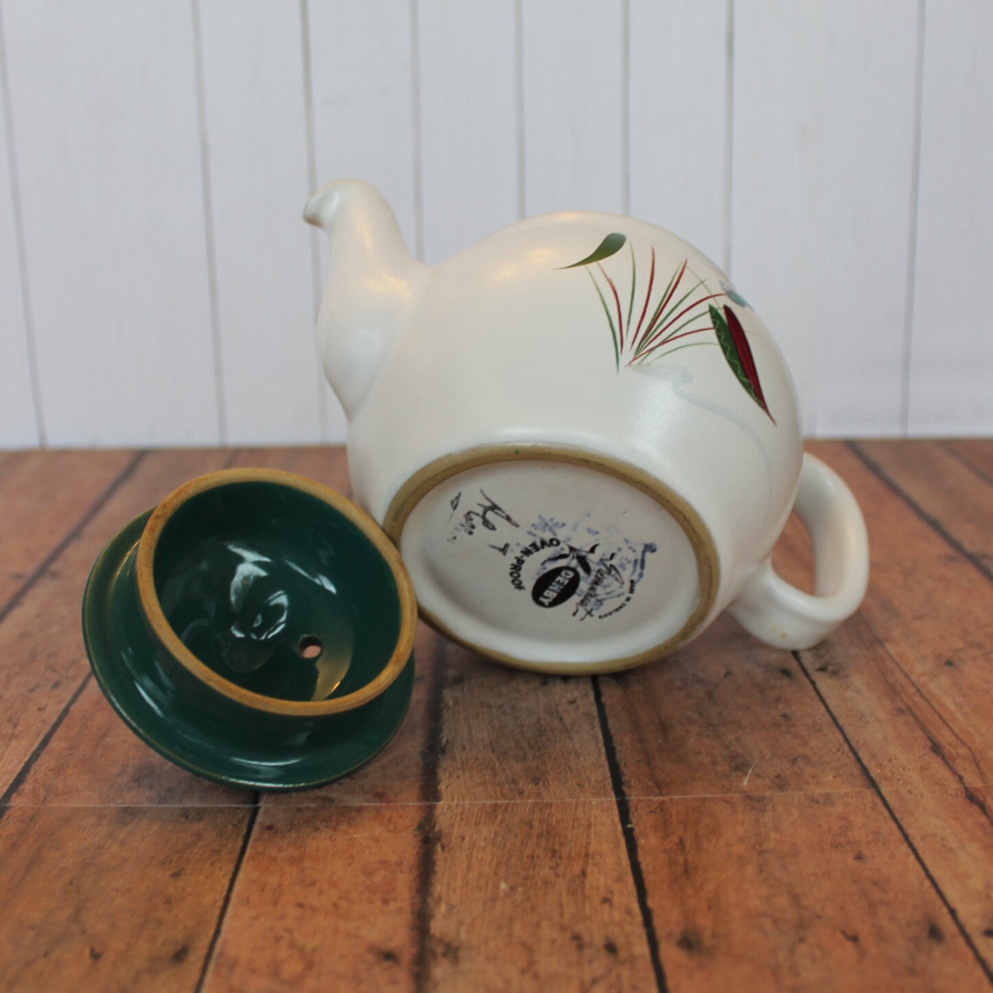 Vintage Denby GREENWHEAT Teapot with Hand Painted Leaf Design Signed