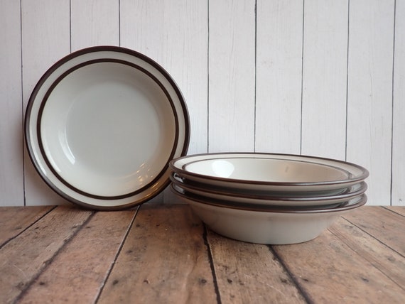 Vintage Noritake Primastone Fruit Dessert  Bowls Set of 4 White with Brown Band Stoneware Bowls