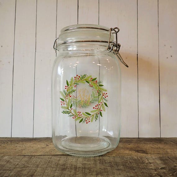 Vintage Clear Glass Canister Apothecary Jar with Lid Clear with Green Wreath Design JOY