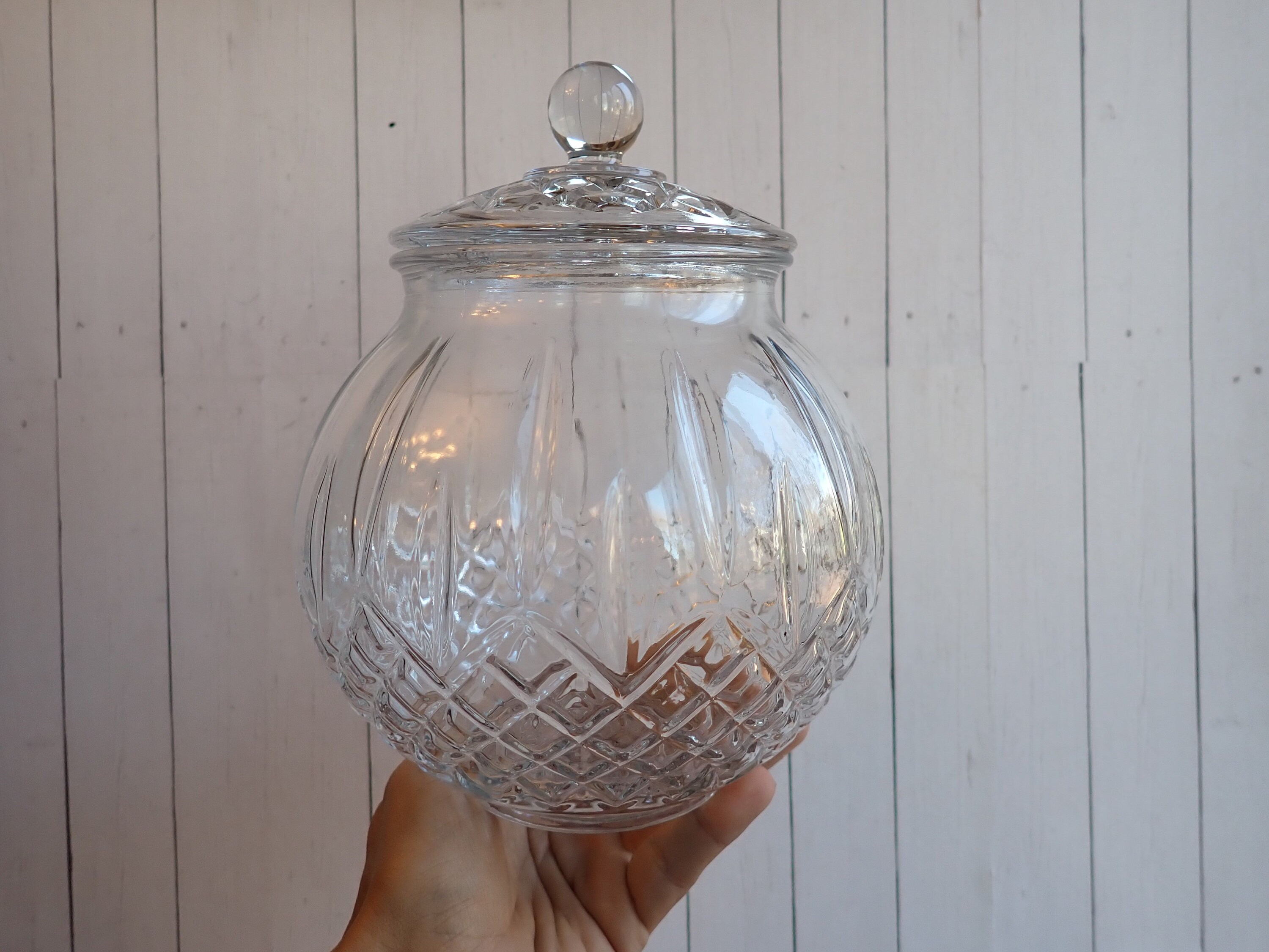 Vintage large glass pumpkin bowl candy dish with lid clear glass cookie