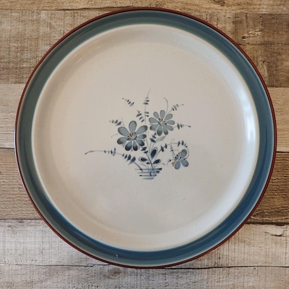 Vintage Noritake PLEASURE Stoneware Dinner Plate Set of 3 Tan and Blue with Flower Design