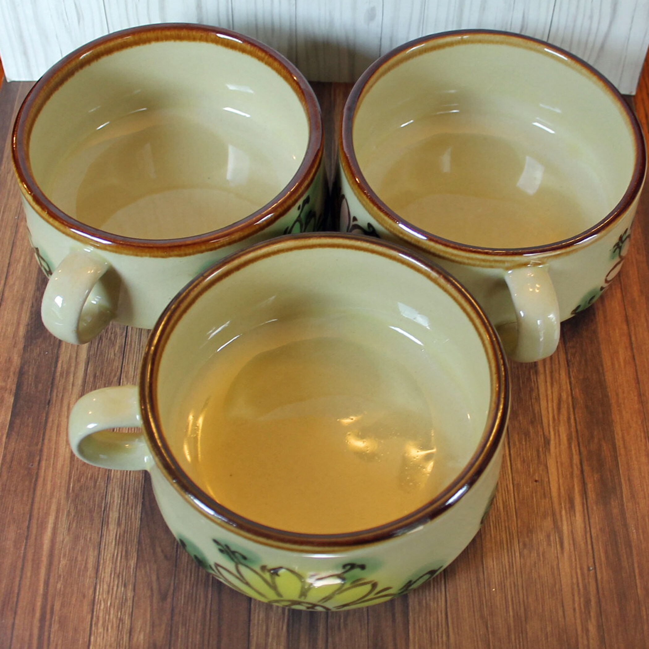 Vintage Stoneware Soup Bowl Mug Set of 3 Cream with Yellow Green and