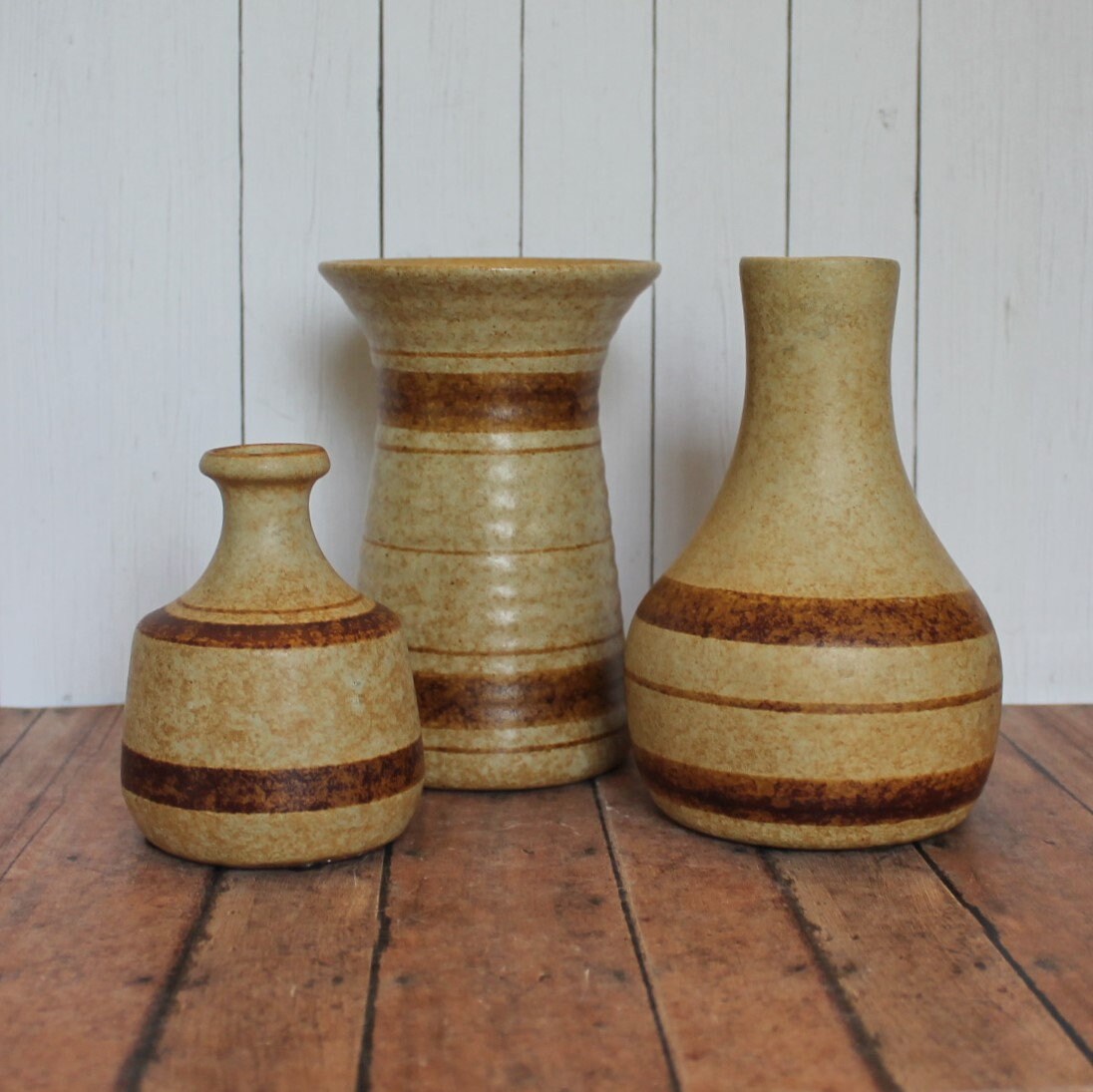Vintage Pottery Craft USA Stoneware Vase Set of 3 Cream Yellow Tan