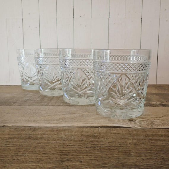 Vintage Cristal D'Arques-Durand Antique Clear Old Fashioned Whiskey Glass Set of 4 or Set of 6 Floral Pineapple Lattice Design Luminarc USA