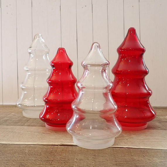 Vintage Clear and Red Glass Christmas Pine Tree Jar Container Canister Set of 4 Large and Small Candy Dish