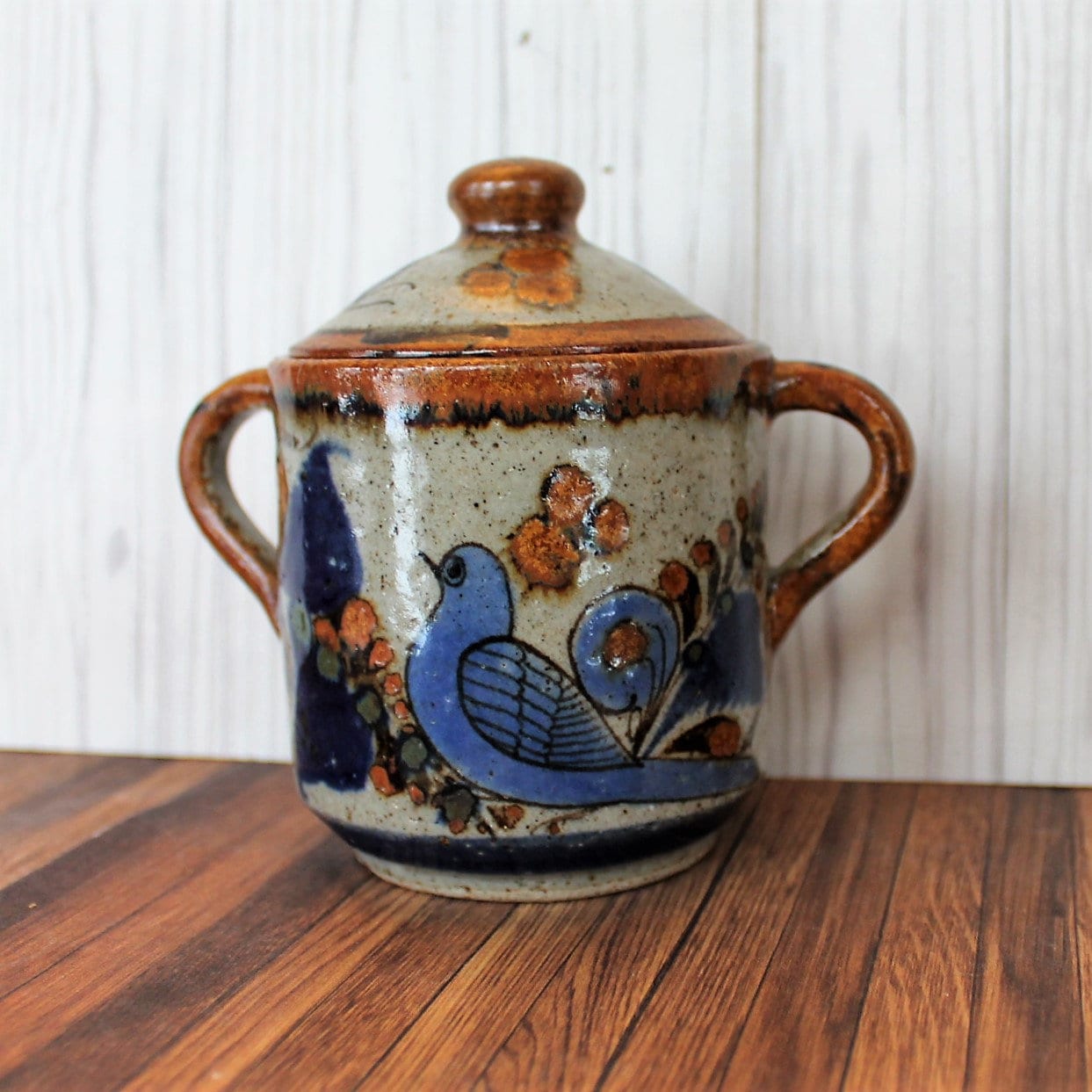 Vintage Tonala Pottery Sugar Bowl Dish with Lid Double Handle Blue Bird