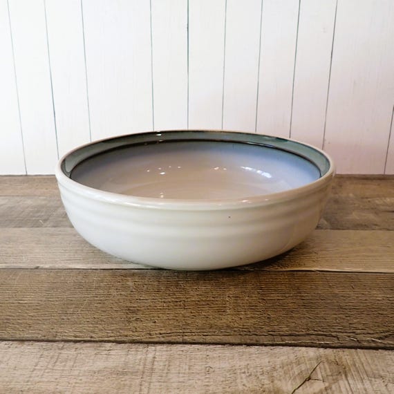 Vintage Noritake Stoneware SORCERER 9" Round Baker Vegetable Bowl White Stoneware with Blue Faded Banded Design