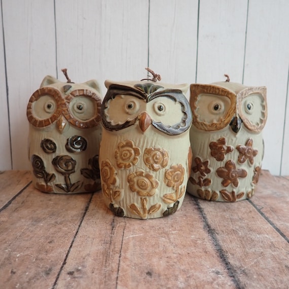 Vintage Stoneware Owl Bell Figurine Set of 3 Brown Tan Ceramic Mid Century Modern Boho Takahashi