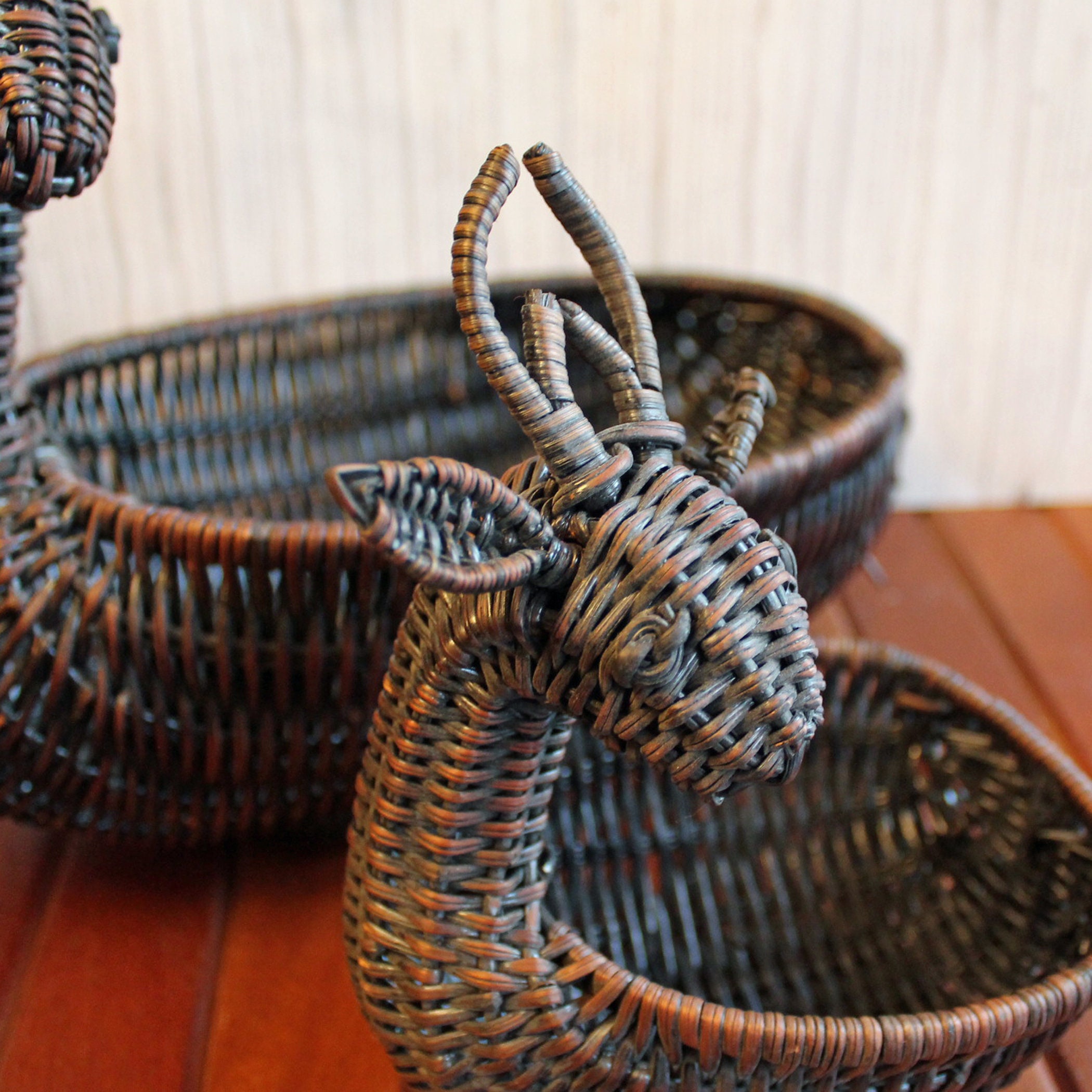 Vintage Brown Woven Wicker Deer Baskets Set of 2 Large and Small Animal