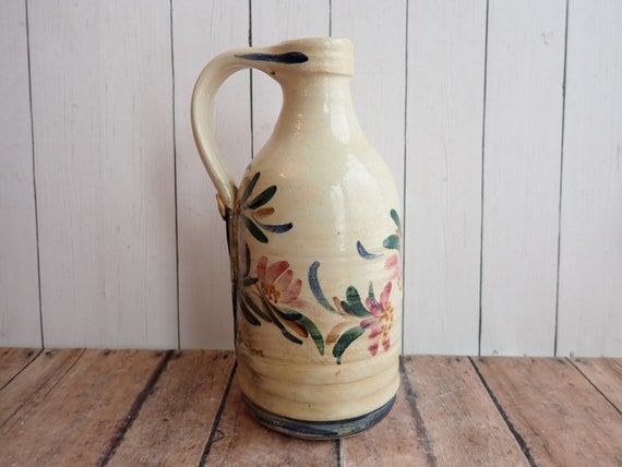 Vintage Barbara Conrad Pottery Stoneware Pottery Bottle Jug Vase White with Pink Flower and Green Leaf Design