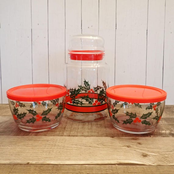 Vintage Libbey Christmas Holly and Berry Glass Canister Apothecary Jar and Bowl Set of 3 Christmas Candy Jar