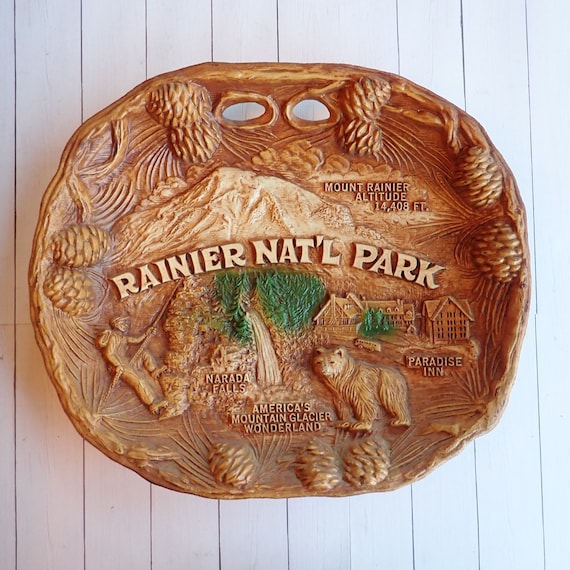 Vintage Mount Rainer National Park Faux Wood Souvenir Wall Plate Tray Bowl by TACO