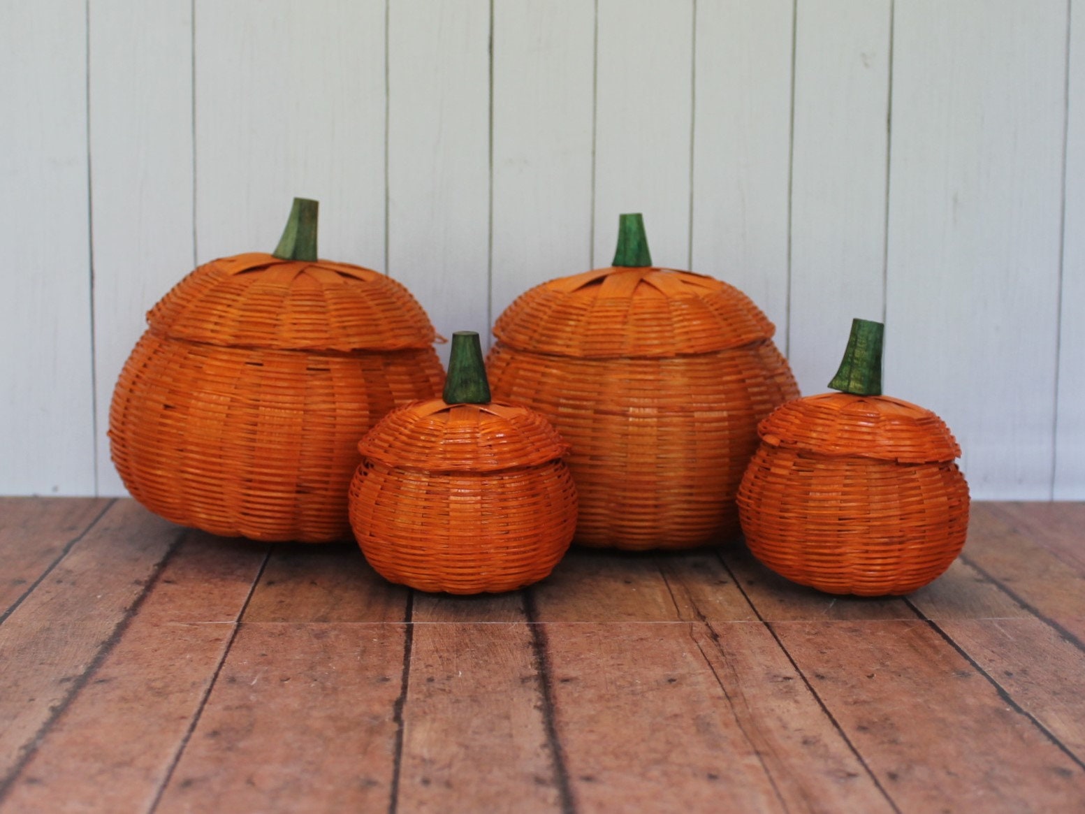 Vintage Orange Pumpkin Woven Wicker Basket Set of 4 with Lids and