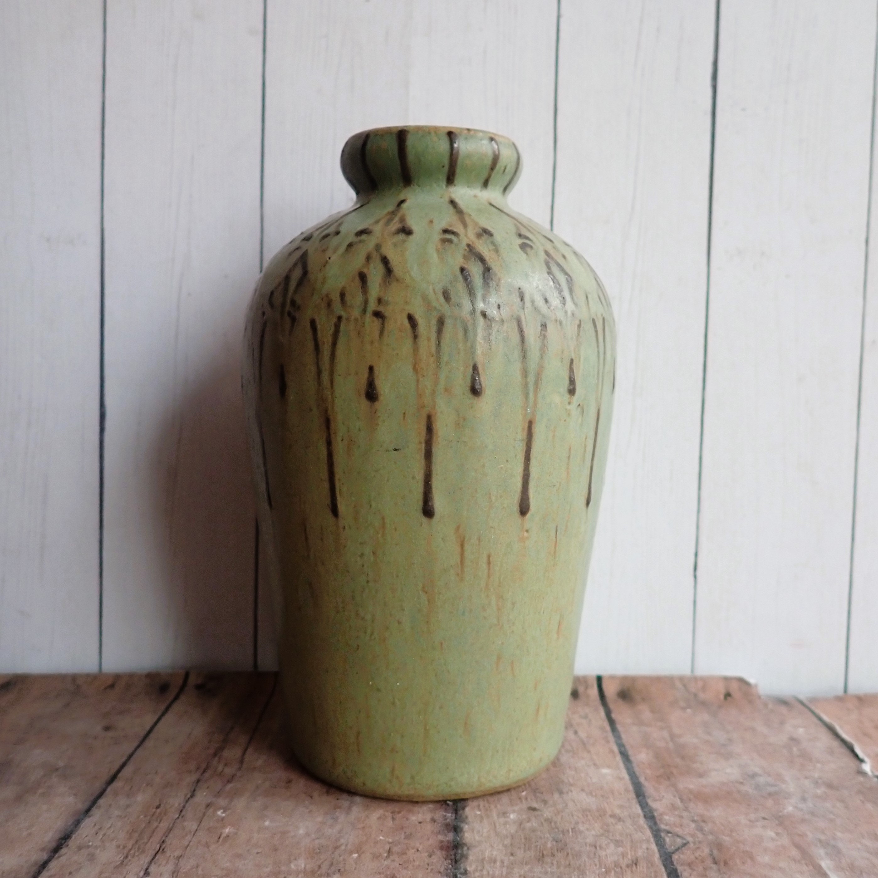 Vintage Sharon Jean Blum Stoneware Mission Style Vase Green with Brown