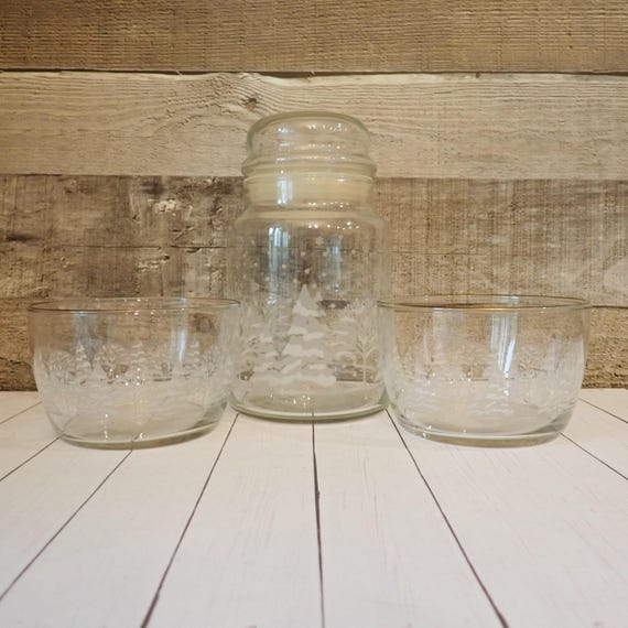 Vintage Christmas Frosted Trees Glass Canister Apothecary Jar and Bowl Set of 3 Christmas Candy Jar